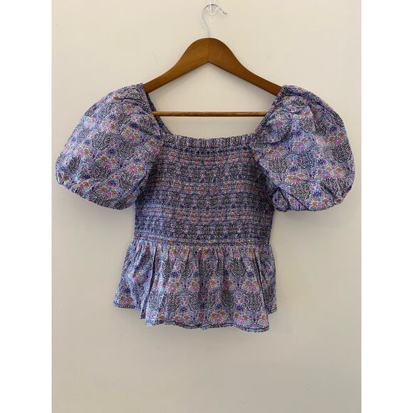 J Crew Smocked Squareneck Organic Cotton Top Liberty London Club Nouveau Fabric - Picture 1 of 9